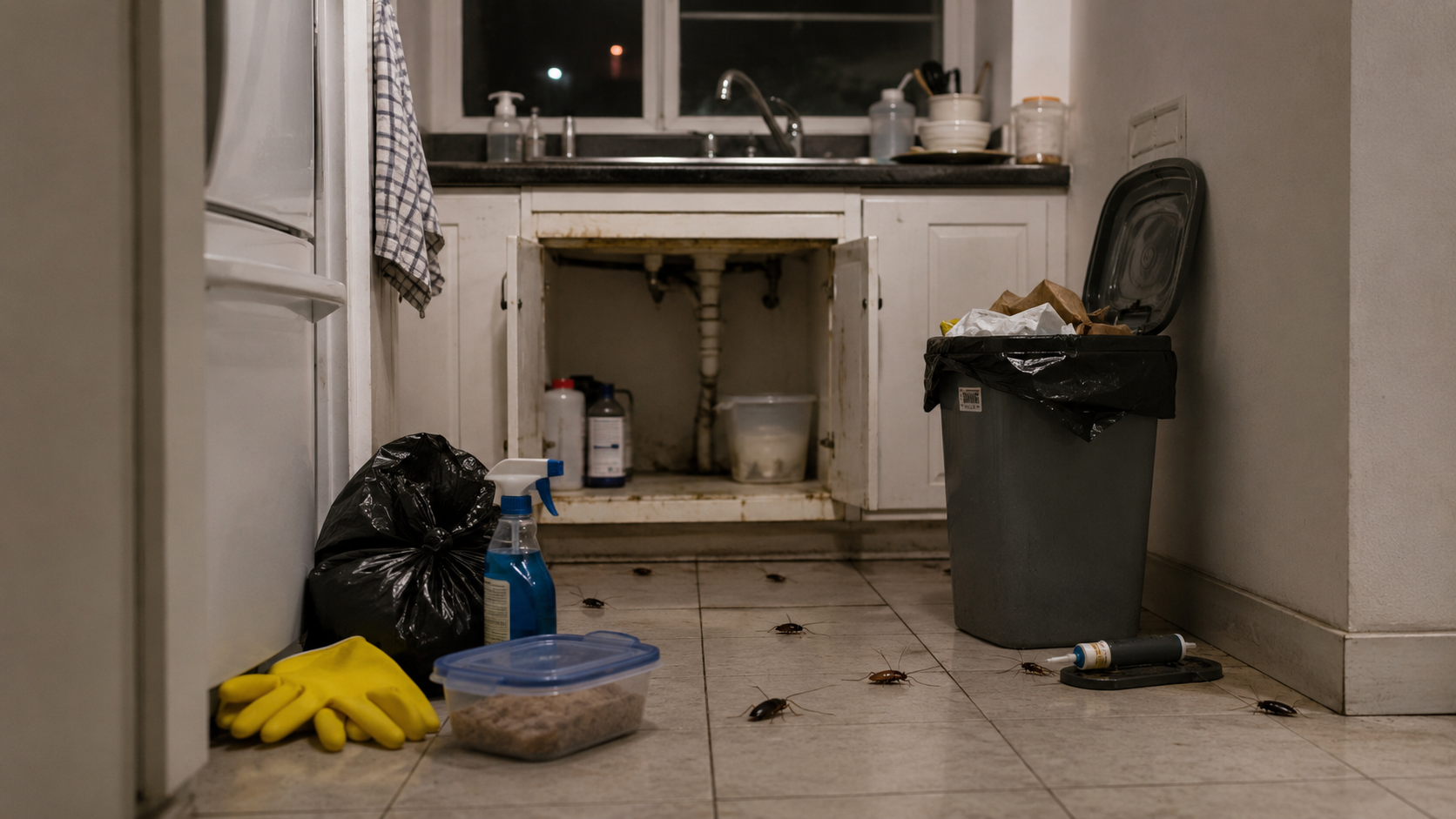 Appartement infesté de cafards avec pièges, gel anti-cafards et matériel de nettoyage dans une cuisine