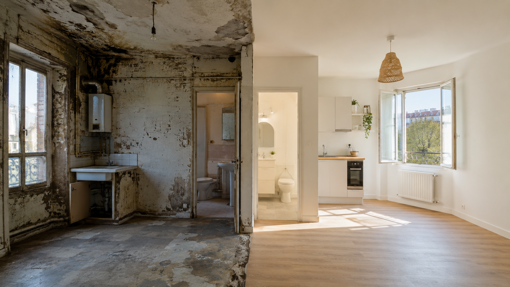 Logement insalubre avant après rénovation avec murs moisis, humidité, installation dégradée et appartement redevenu sain, lumineux et habitable