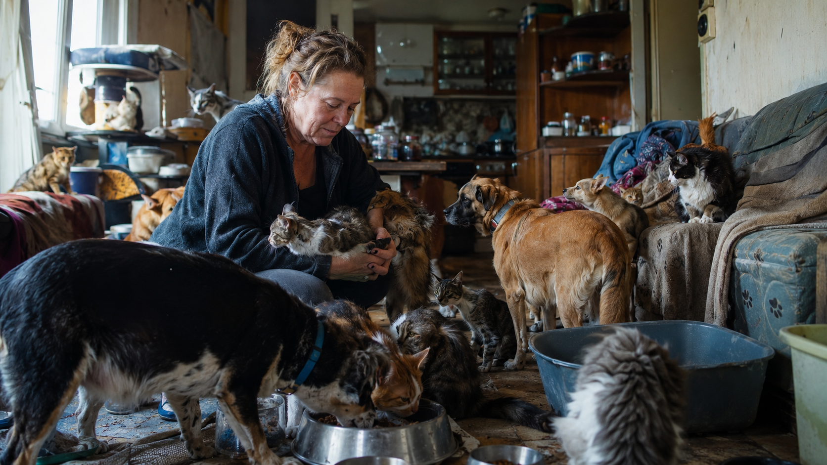 Personne entourée de nombreux chats et chiens dans un logement encombré, illustrant le syndrome de Noé et l’accumulation excessive d’animaux.