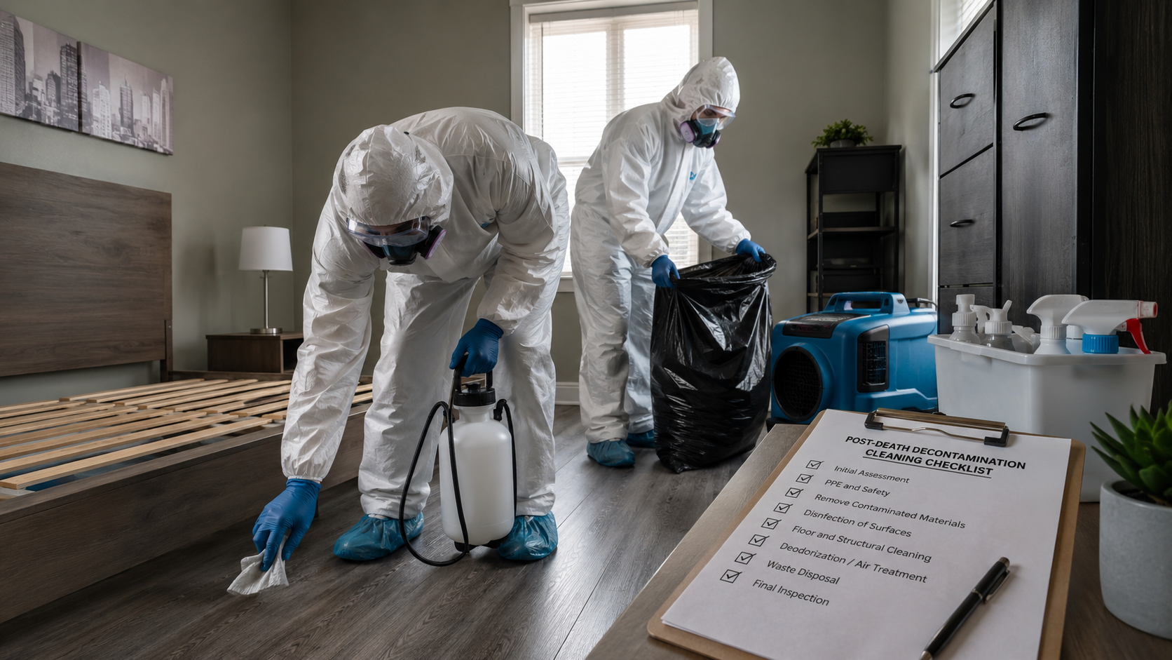 Techniciens en combinaison de protection réalisant une décontamination après décès dans une chambre avec matériel de nettoyage professionnel
