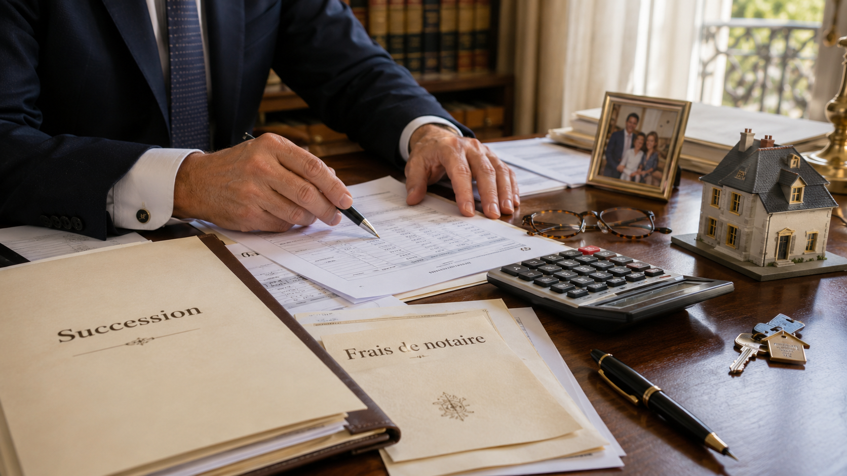 Notaire calculant les frais de succession avec des documents d’héritage, une maison miniature, une calculatrice et des clés immobilières sur un bureau.