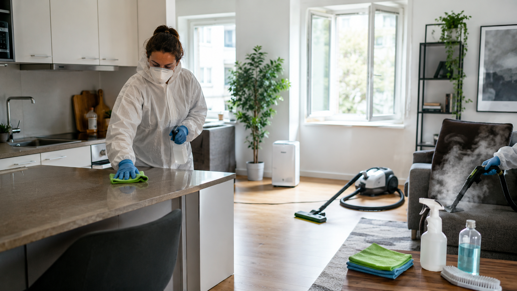 Professionnel en équipement de protection réalisant la décontamination d’un logement avec nettoyage des surfaces, vapeur et aspiration