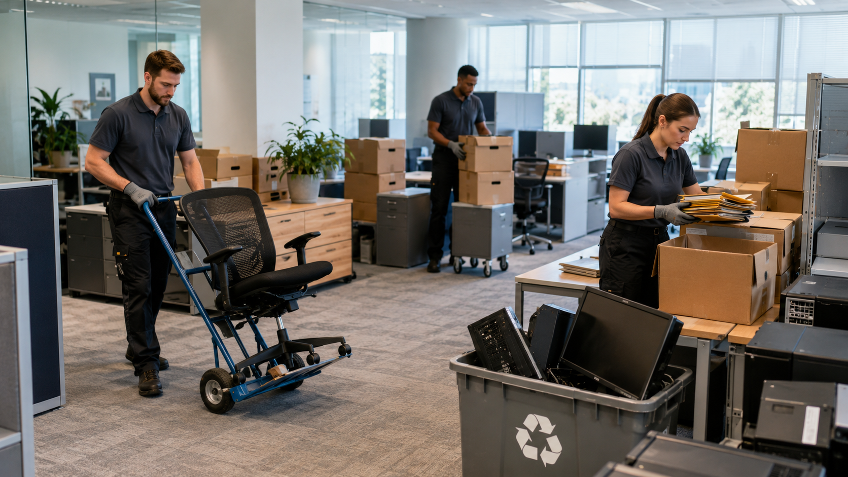 Débarras d’entreprise dans des bureaux avec tri du mobilier, des archives et du matériel informatique par des professionnels