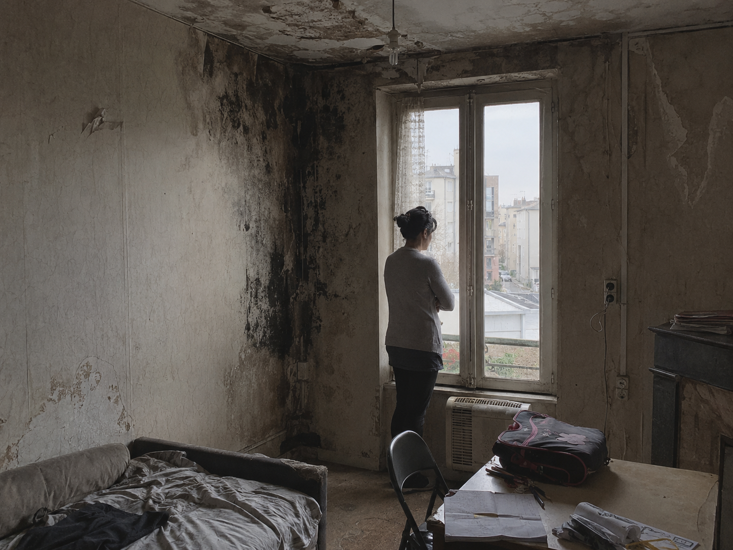 Appartement insalubre en France avec murs moisis, plafond abîmé, humidité visible et une personne regardant par la fenêtre dans un logement dégradé.