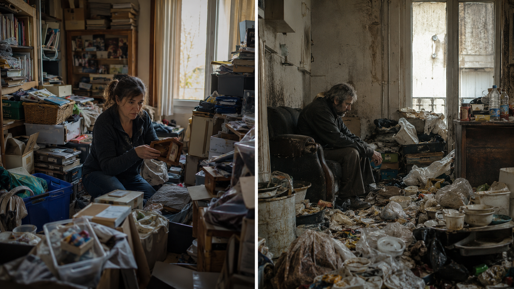 Image comparative ultra réaliste montrant la différence entre la syllogomanie et le syndrome de Diogène, avec d’un côté un logement encombré d’objets conservés et de l’autre un intérieur insalubre marqué par la négligence.