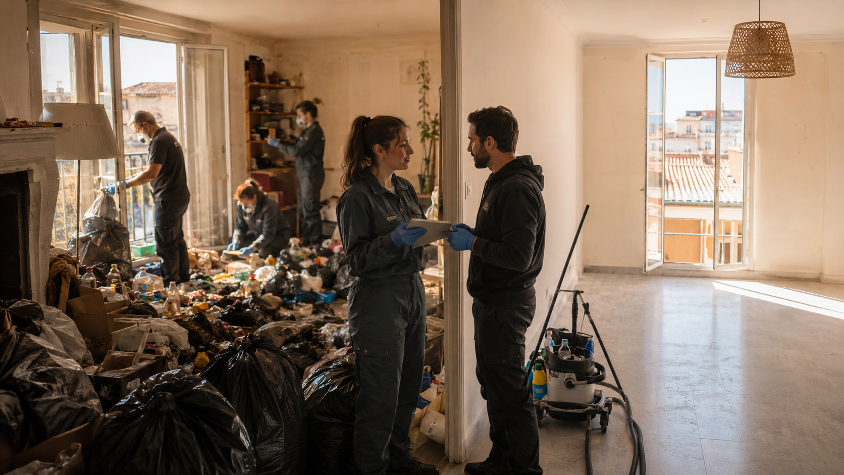 Équipe professionnelle réalisant un nettoyage extrême en PACA dans un logement encombré avec coordination entre partenaires