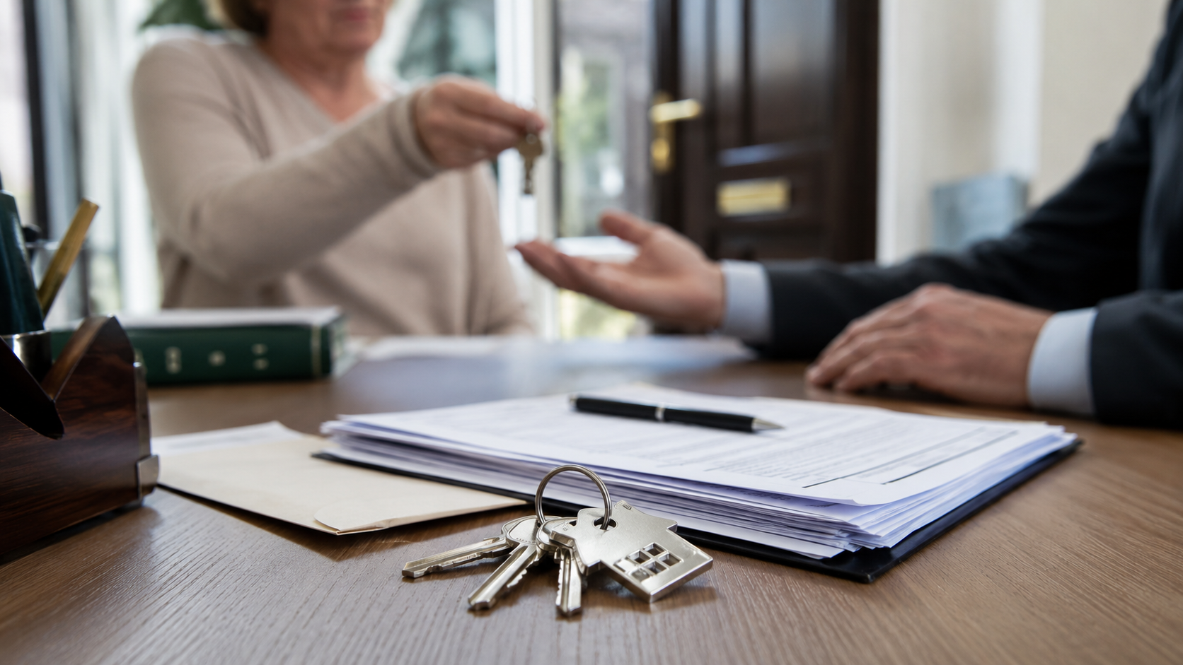 Remise de clés d’un logement lors d’une renonciation à la succession, avec documents notariés posés sur un bureau.