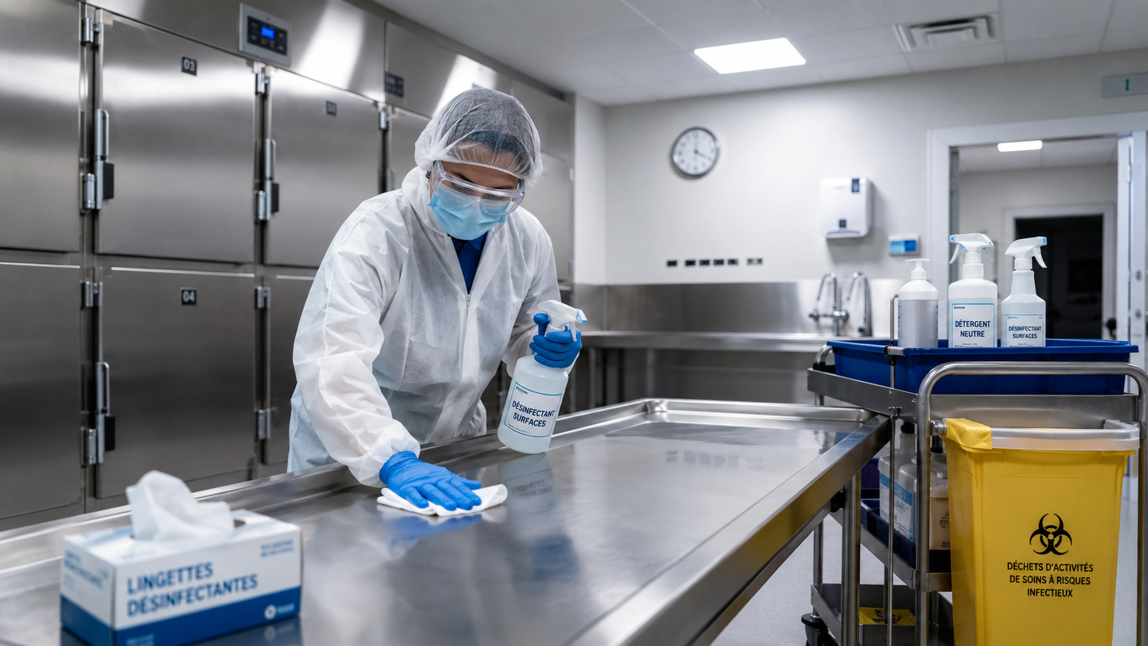 Agent spécialisé en équipement de protection désinfectant une table inox dans une morgue professionnelle selon un protocole sanitaire strict.