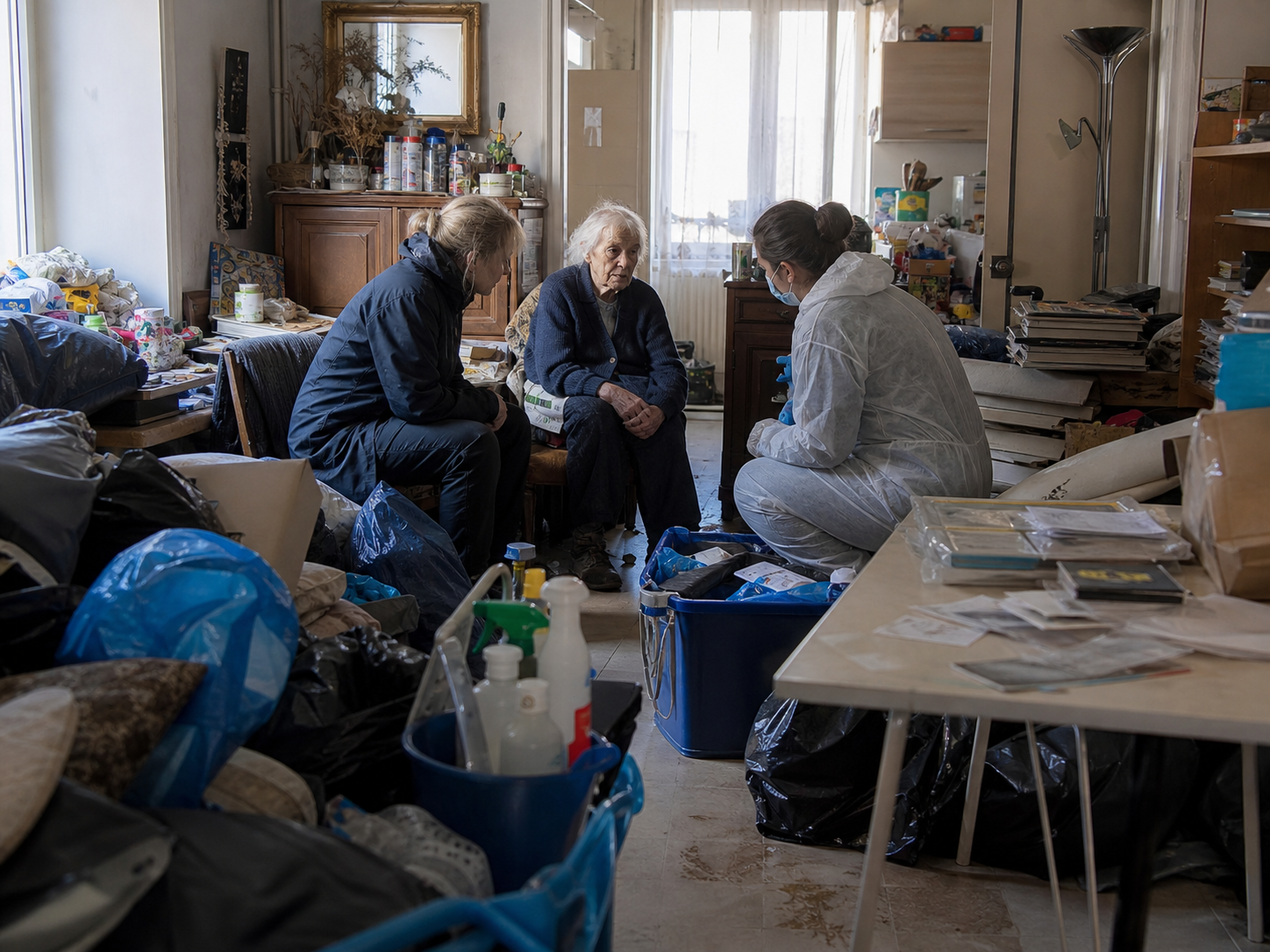 Personne âgée accompagnée par des professionnels dans un logement encombré lié au syndrome de Diogène