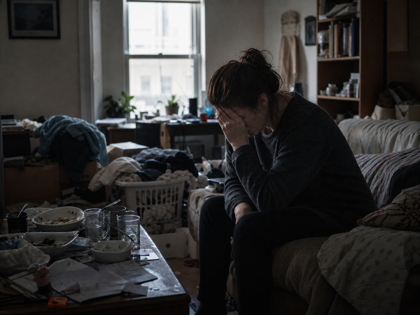 Personne en détresse psychologique assise dans un logement encombré illustrant les effets de l’incurie sur la santé mentale