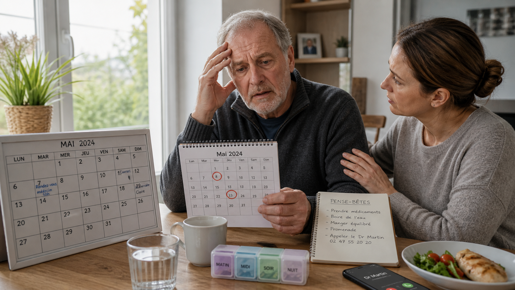 Homme âgé désorienté face à un calendrier et un pilulier, accompagné par une proche attentive pour réagir aux premiers signes du syndrome de Korsakoff