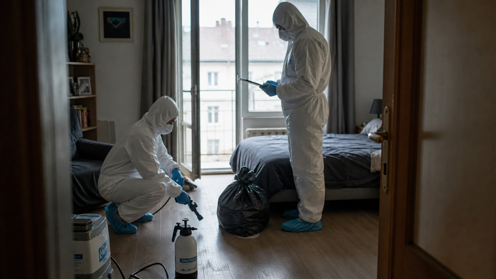 Professionnels en combinaison de protection réalisant un nettoyage extrême après un décès à domicile dans un appartement