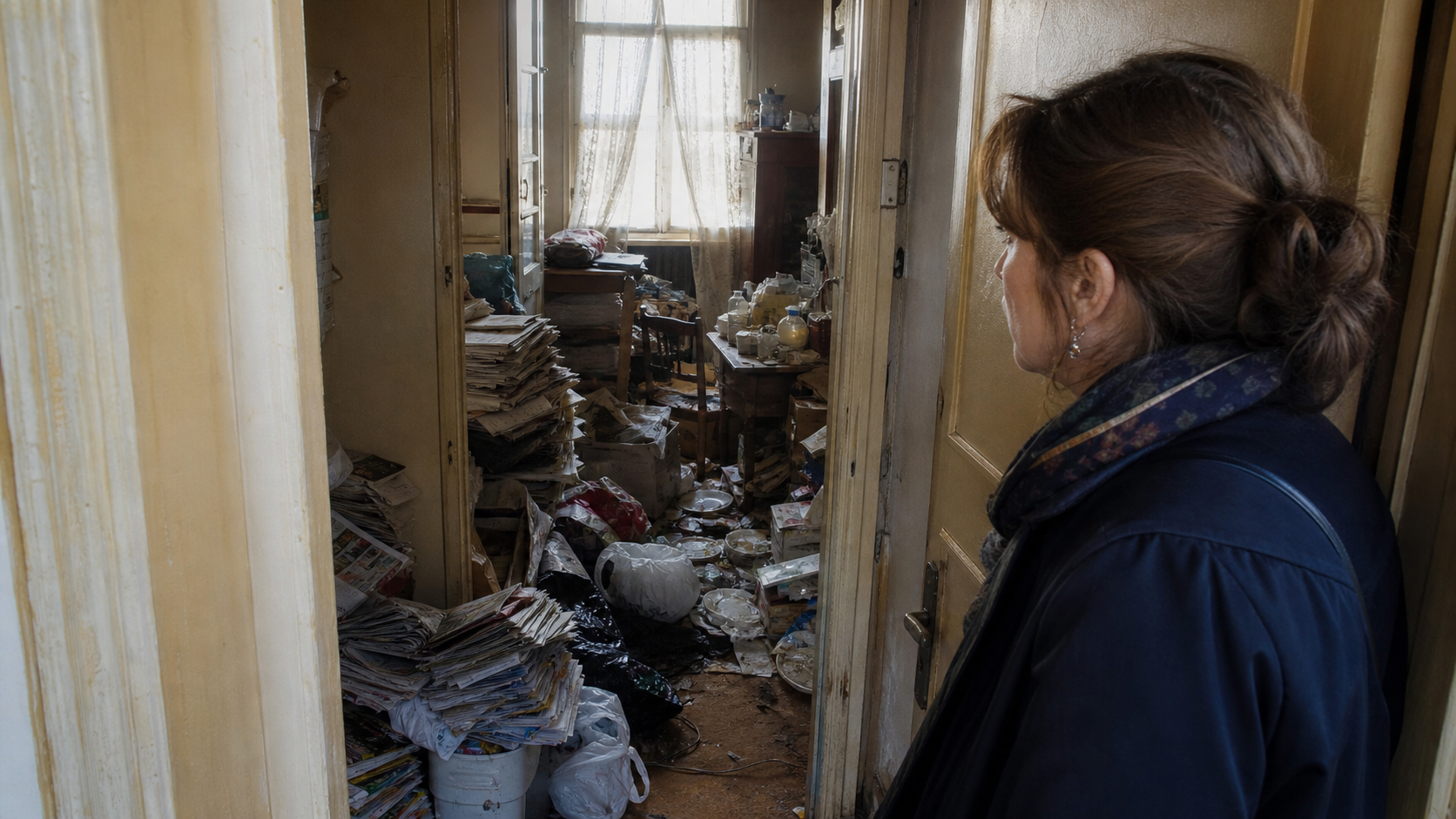 Femme inquiète observant un logement très encombré et insalubre évoquant un syndrome de Diogène