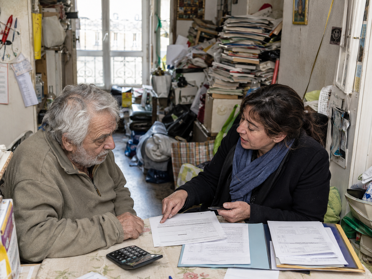 Personne âgée accompagnée par une travailleuse sociale pour étudier les aides financières liées au syndrome de Diogène dans un logement encombré
