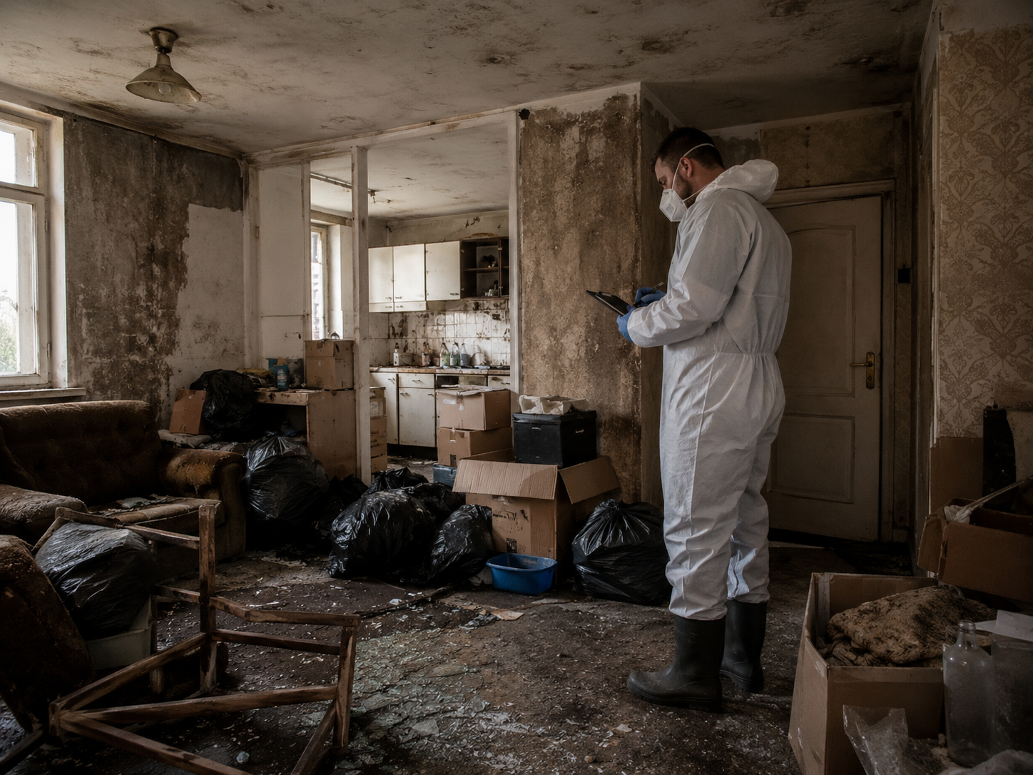 Professionnel en tenue de protection inspectant un logement abandonné encombré avant une opération de nettoyage
