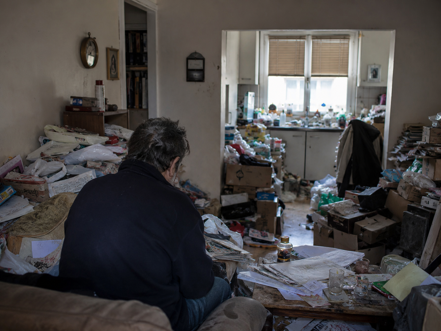 Personne isolée dans un logement très encombré illustrant l’apparition soudaine du syndrome de Diogène