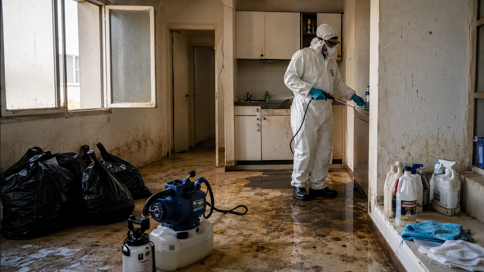 Technicien en combinaison de protection désinfectant un logement insalubre après une intervention pour incurie sévère