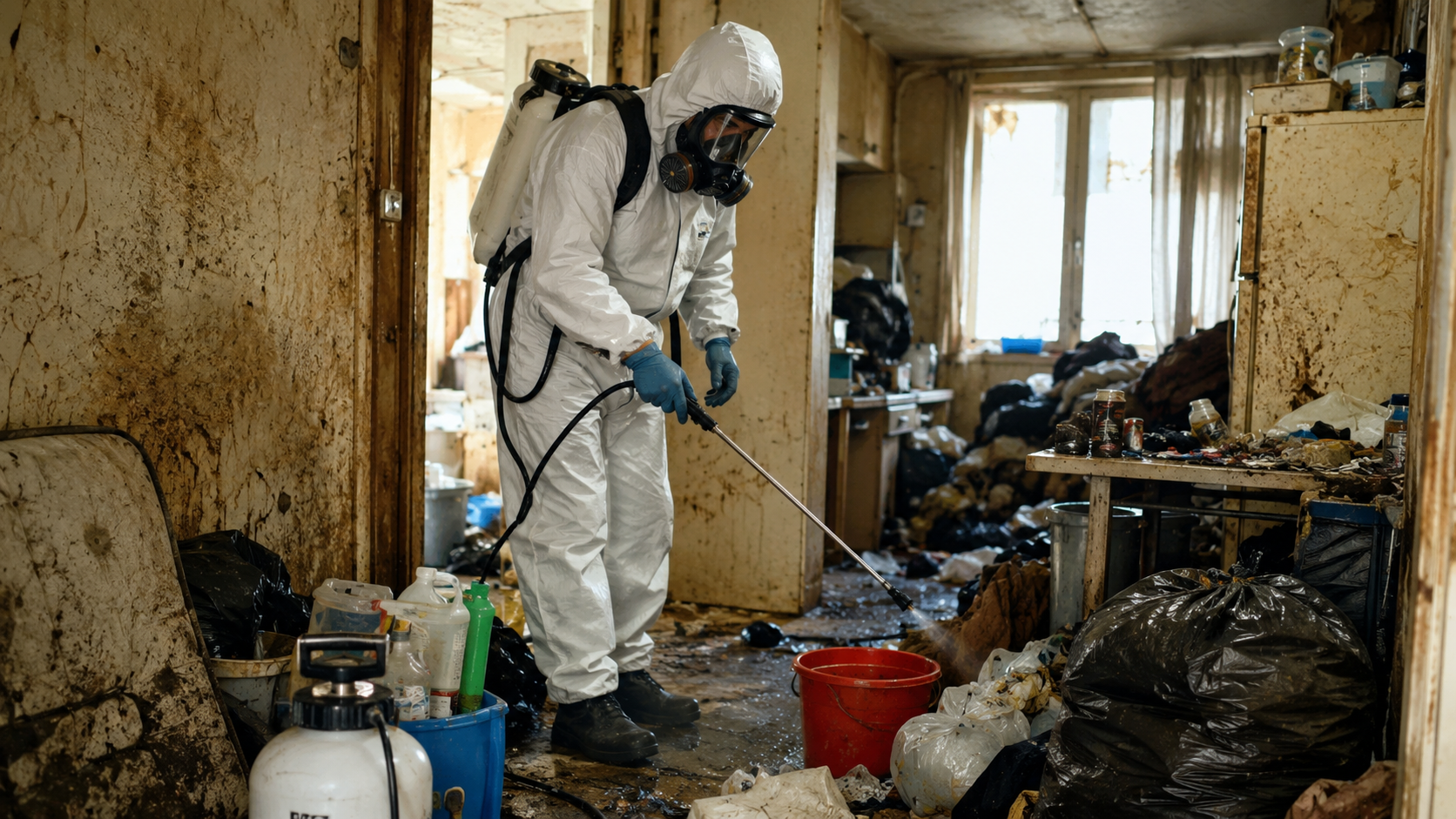 Nettoyeur de l’extrême en combinaison de protection intervenant dans un logement insalubre pour une opération de désinfection