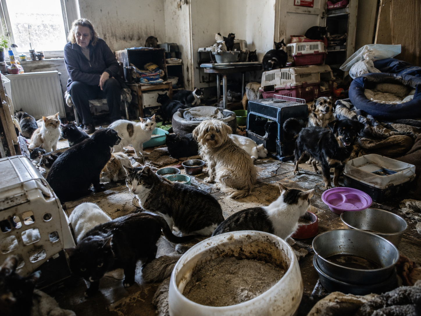 Personne dépassée vivant dans un logement insalubre avec de nombreux chats et chiens, illustrant le syndrome de Noé et l’accumulation pathologique d’animaux.