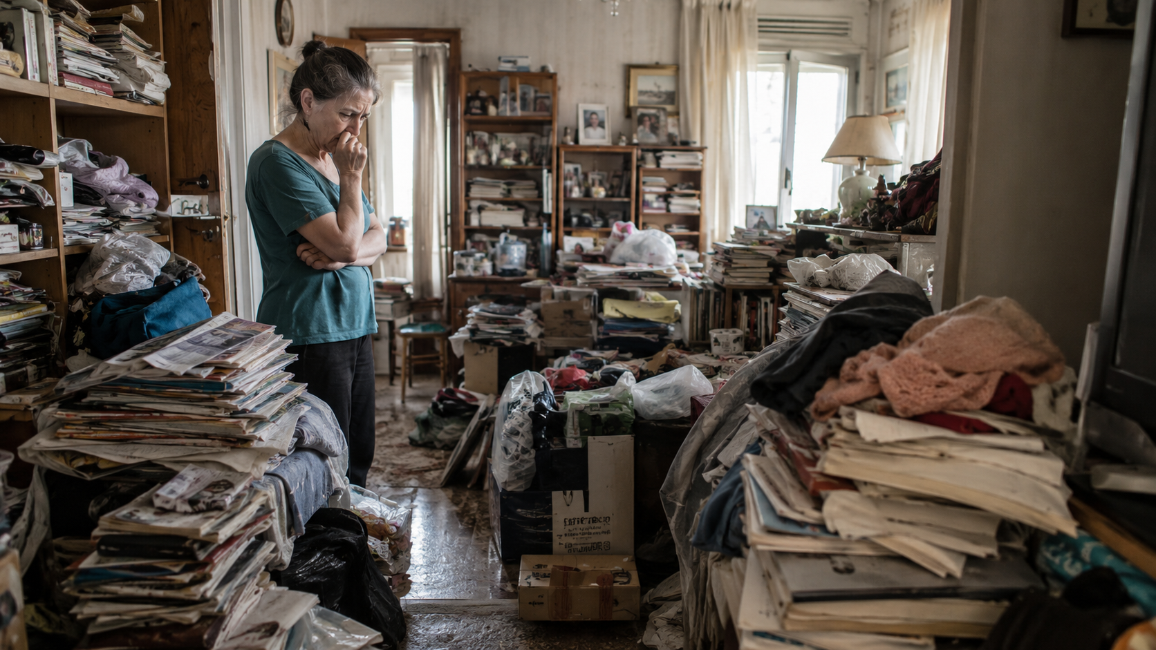 Femme inquiète dans un logement encombré par des piles de papiers, vêtements et objets, illustrant les comportements liés à la syllogomanie
