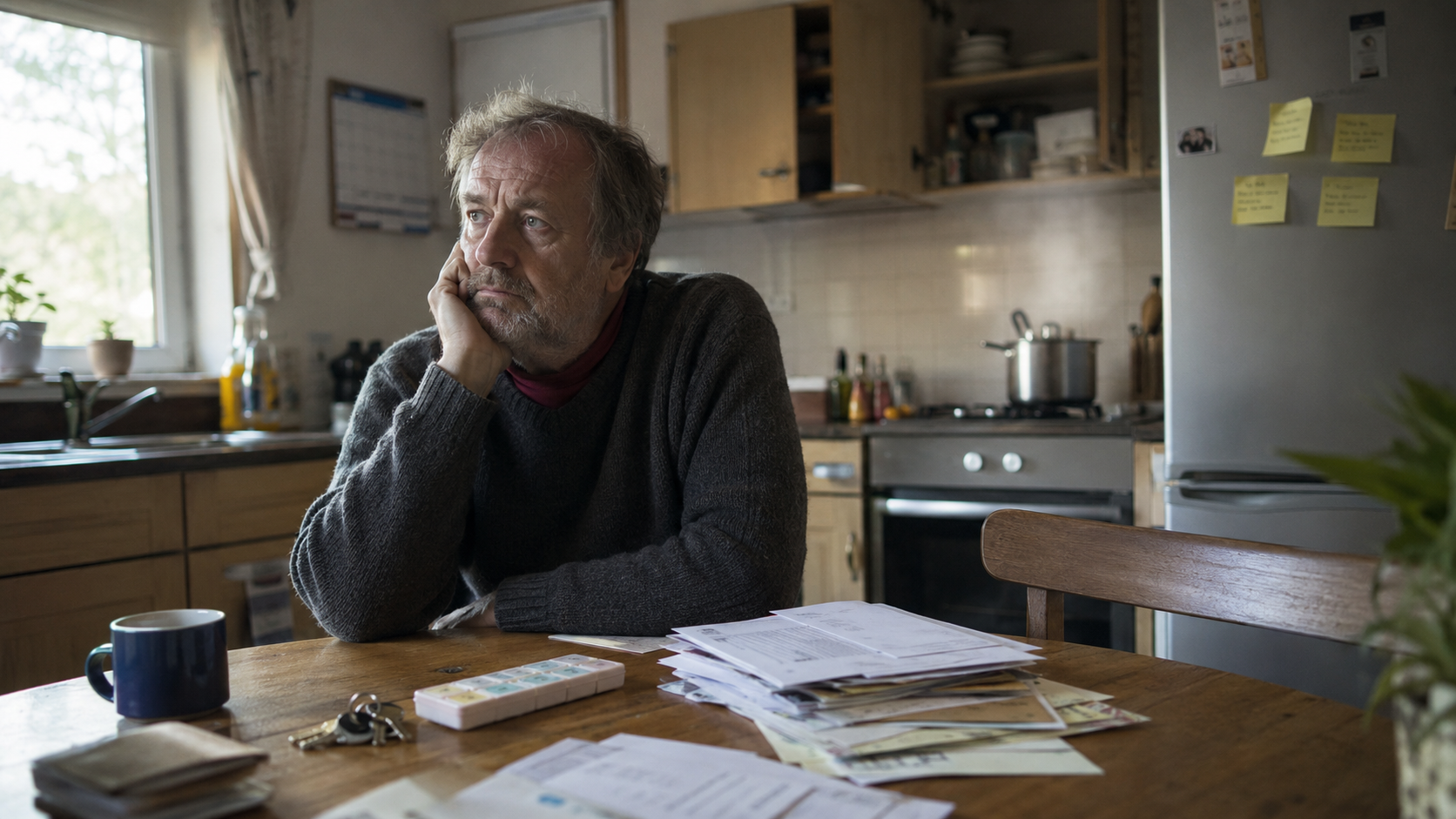 Homme désorienté dans une cuisine avec pilulier, courriers et rappels visuels illustrant les impacts du syndrome de Korsakoff dans le logement